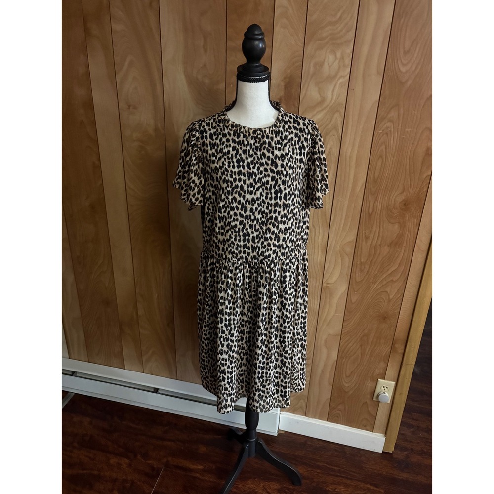 LOFT Womens Leopard Print Ruffle Neck Tiered Shift Dress Brown Black Large